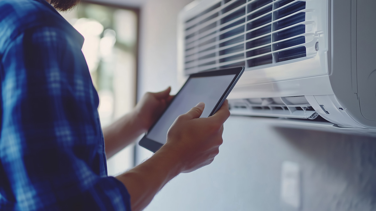 An HVAC contractor using a tablet to check an HVAC system in North Fort Myers.